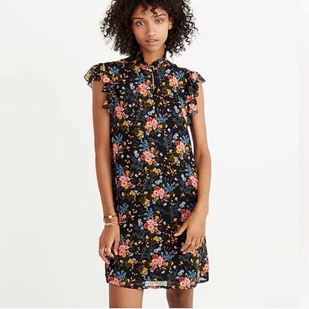 Madewell No. 6 Black Floral Ruffled Knee Dress In Garden Bouquet